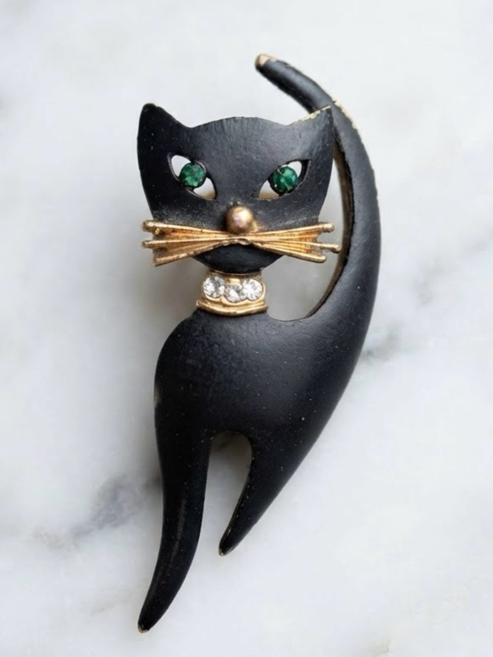 Vintage Mamselle Black Enamel & Rhinestone Cat Brooch Pin Green Eyes